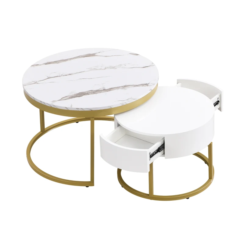Round Nesting Marble Coffee Table with Storage Drawers, High Gloss Tabletops, Golden Metal Frame, 70x70x45 cm/50x50x38.5 cm, White