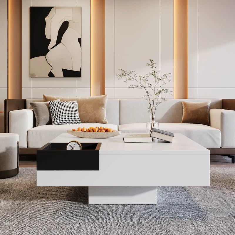 Glossy Lift Top Coffee Table with Removable Storage Box and LED Light Effect, 72x72x30 cm, White
