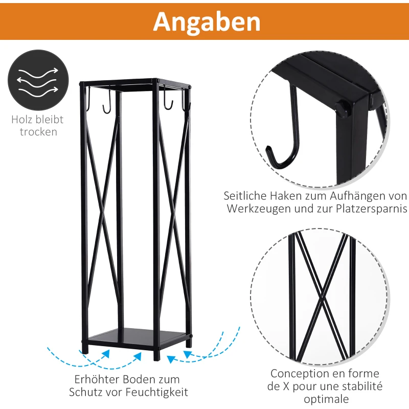 Outsunny Platzsparender Metall-Kaminholzhalter für innen und außen mit Schaufel, Bürste, Schürhaken und Zange, 34x34x111cm, Schwarz