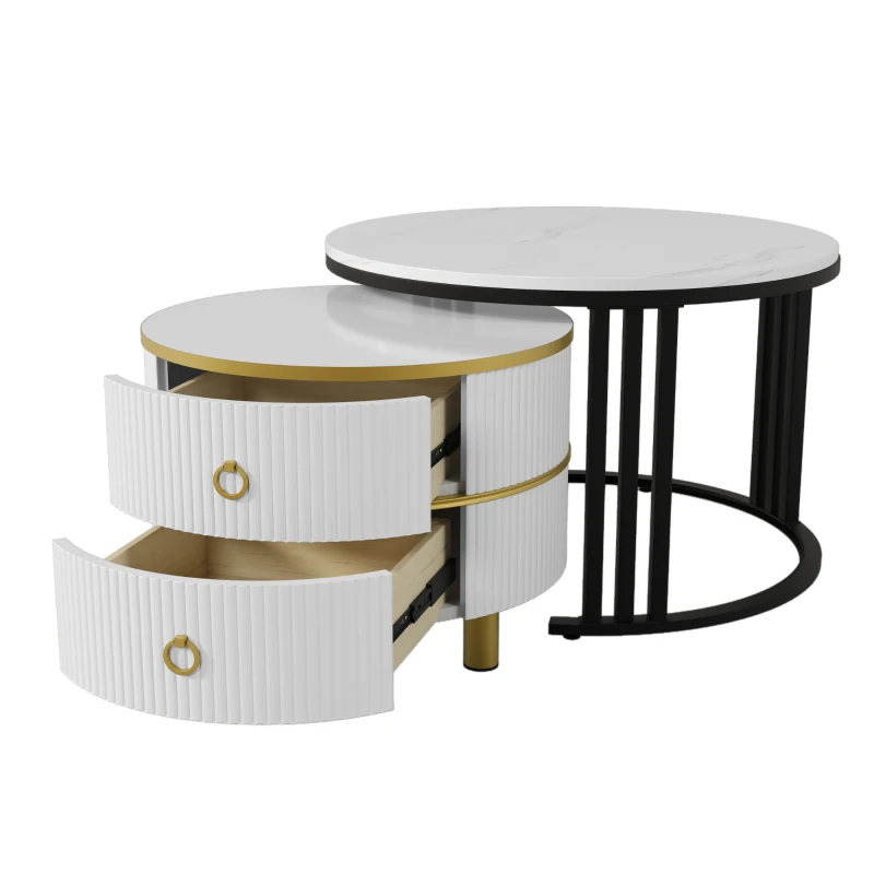 2-in-1 Nesting Table Coffee with Glossy Top and 2 Drawers, Round Modern Coffee Table for Living Room, 70x70x46+50x50x40 cm, White