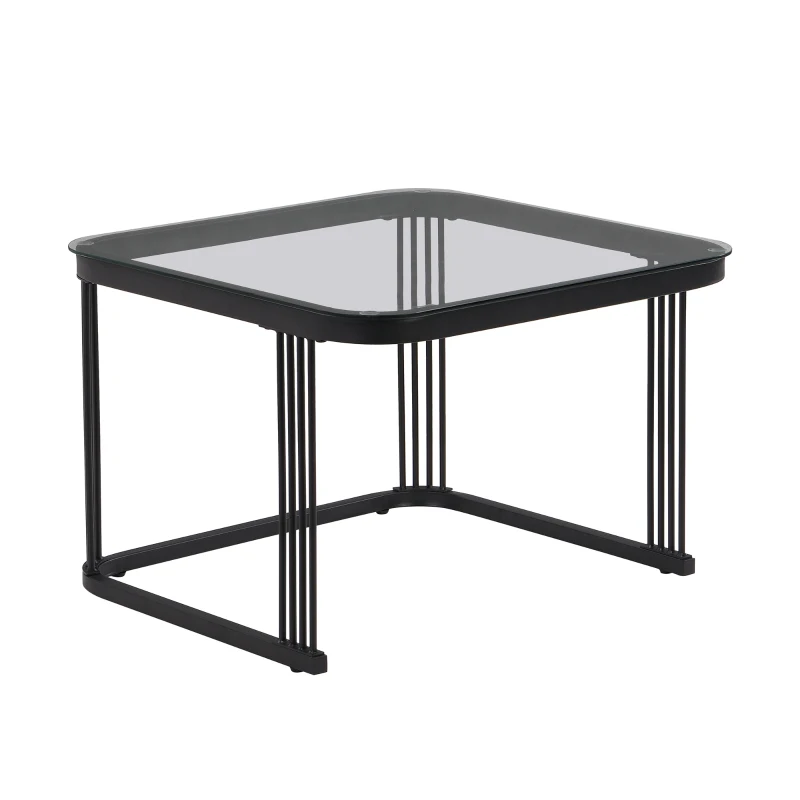 Set of 2 Marble Coffee Table with Black Legs and Drawers, Nesting Coffee Table with High-Gloss Tabletops, 60x60x42 cm+50x50x33.5 cm, Black