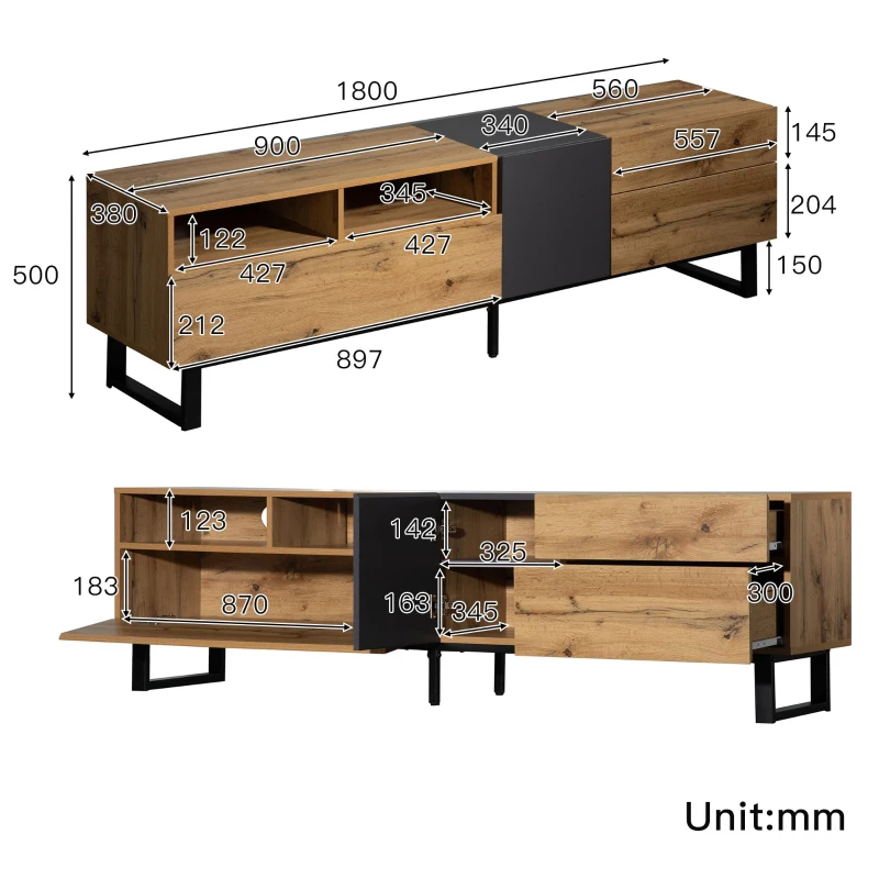 Wood TV Stand with Storage Compartments, and Grain Finish, 180x50x38 cm, Natural