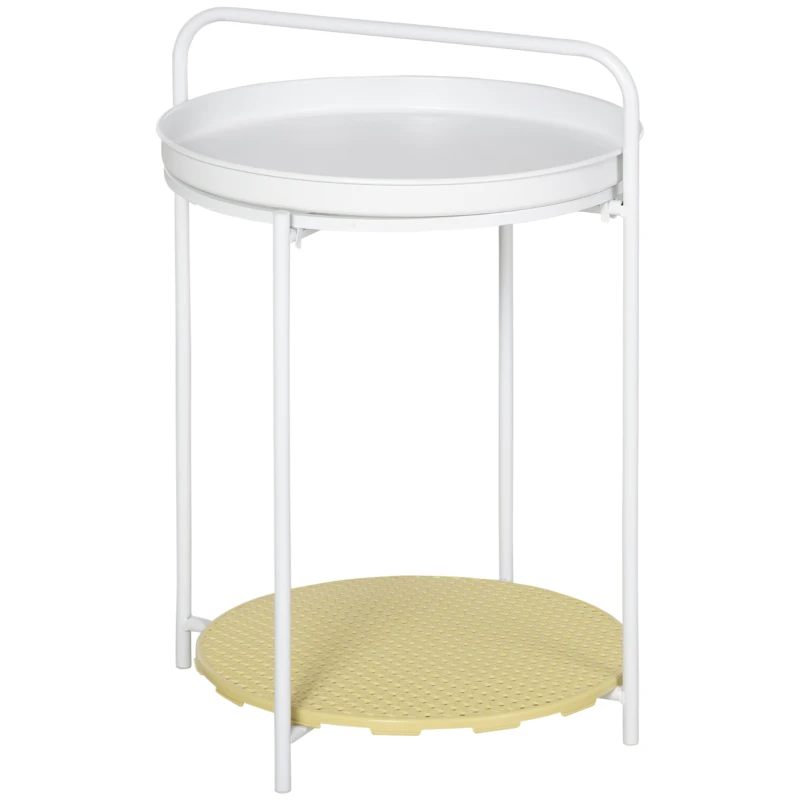 HOMCOM Mesa de Apoio com Prateleira de Vime Plástico Bandeja Removível e Alça Portátil 43,5x42,5x60cm Branco