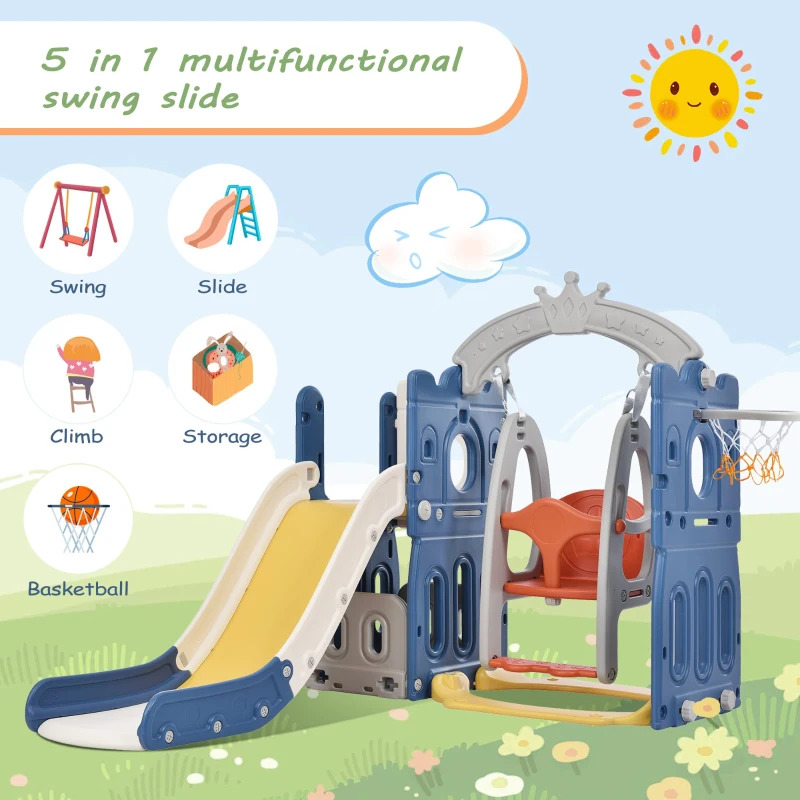 5-in-1 Kids Outdoor Play Equipment with Slide, Climbing Toy, Swing, Basketball Hoop, and Storage, 157x150x120 cm, Blue
