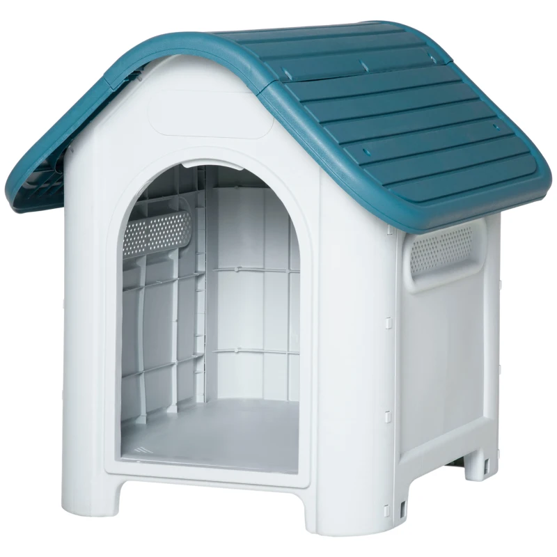 PawHut Casa para cães pequenos com respiradouros resistente para uso interno e externo 59x75x66 cm Azul e cinza