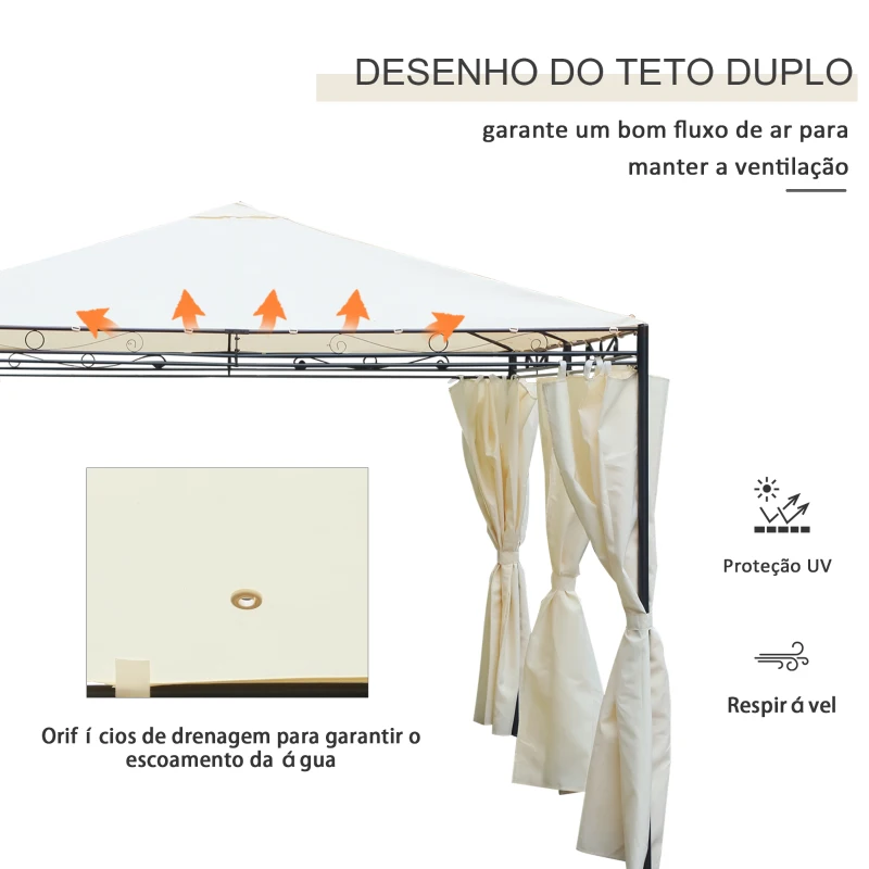 Outsunny Pérgola para jardim 4x3x2.55m Tecido Poliéster Resistente aos Raios UV Marco de Ferro com Parede Lateral Cor Creme