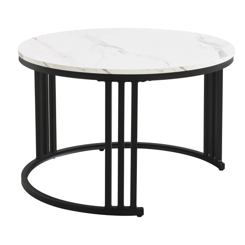2-in-1 Marble Coffee Table with Storage, Glossy Tops, 2 Sliding Drawers, Side Tables for Living Room, 70x70x46/50x50x40 cm, White+Black