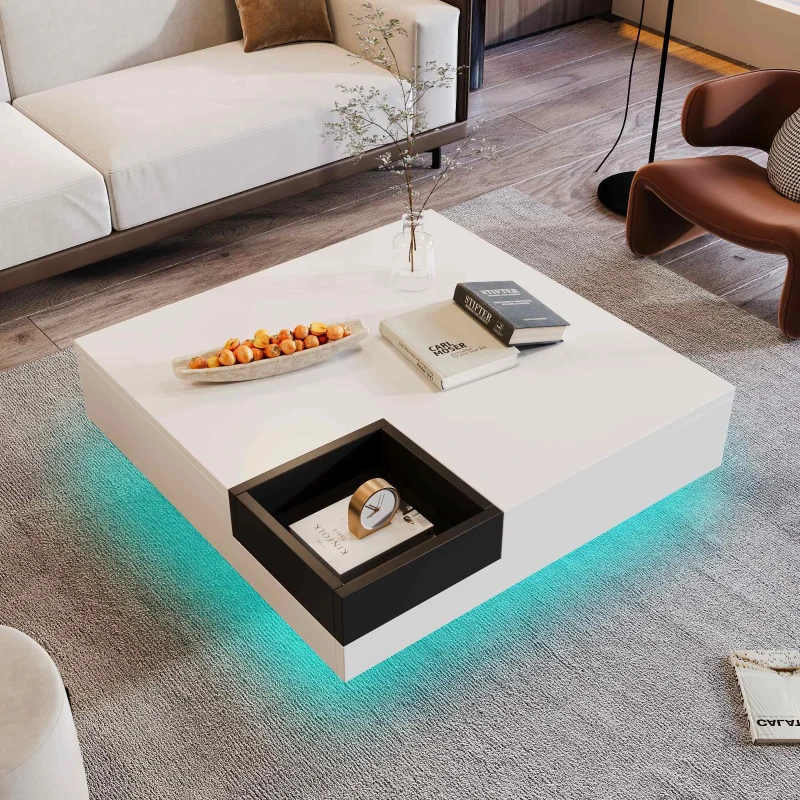 Glossy Lift Top Coffee Table with Removable Storage Box and LED Light Effect, 72x72x30 cm, White