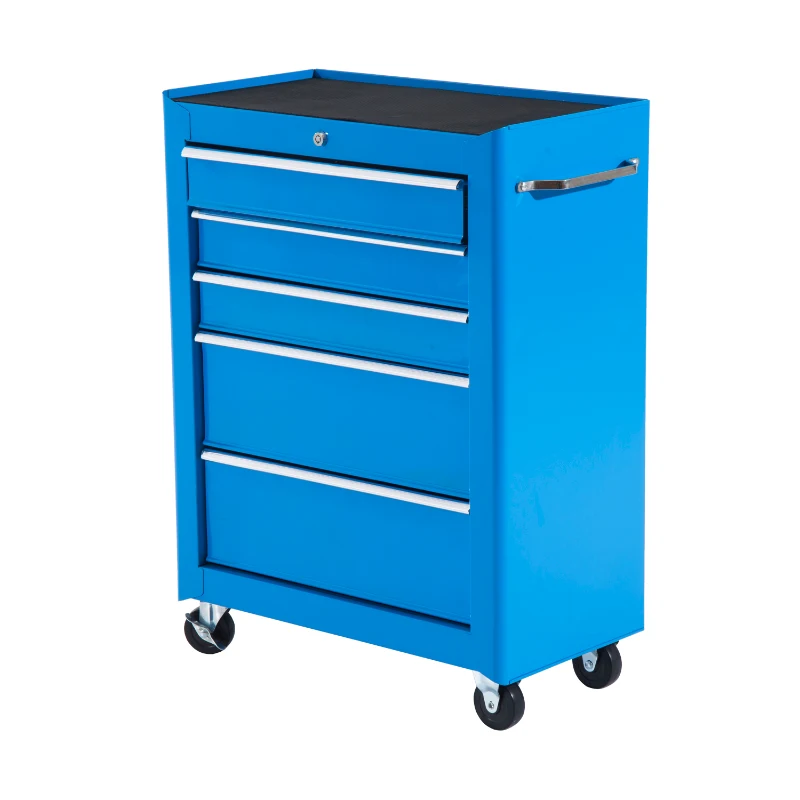 HOMCOM Carrinho de Ferramentas para Oficina com Rodas e 5 Gavetas Fechadura e Alça Lateral 61,5x33x85 cm Azul