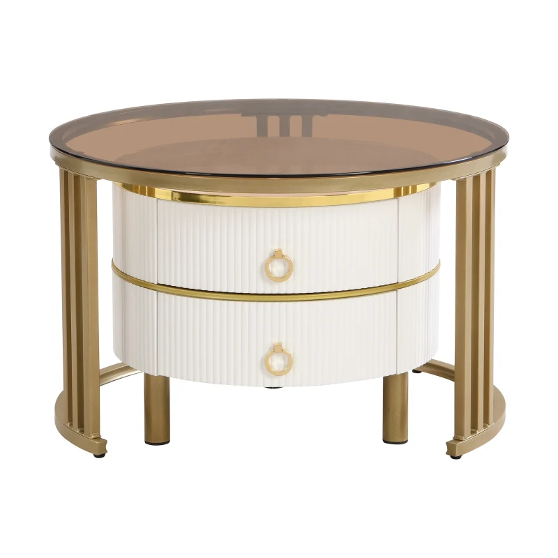 Set of 2 Round Nest of Tables with High-Gloss and Tempered Glass Tops, for Living Room - Brown+White