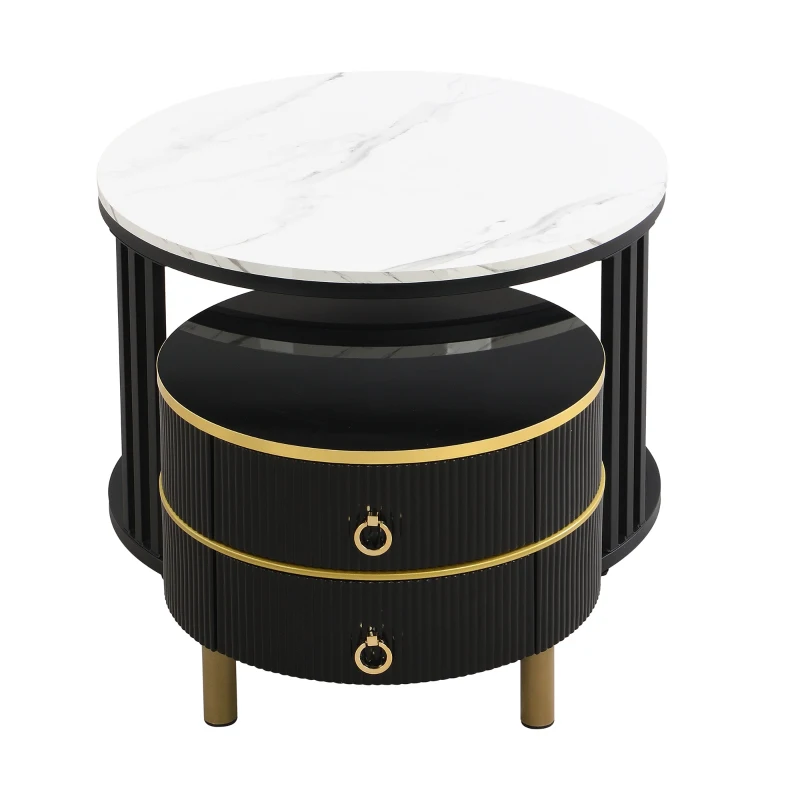 2-in-1 Marble Coffee Table with Storage, Glossy Tops, 2 Sliding Drawers, Side Tables for Living Room, 70x70x46/50x50x40 cm, White+Black