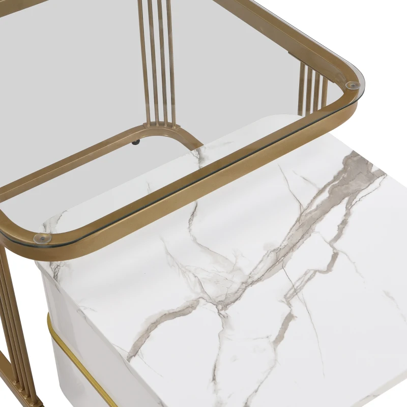 High-Gloss Marble and Glass Nesting Coffee Table with Storage, Handles, Tabletops with Gold Decoration, 60x60x45 cm/50x50x34 cm, White