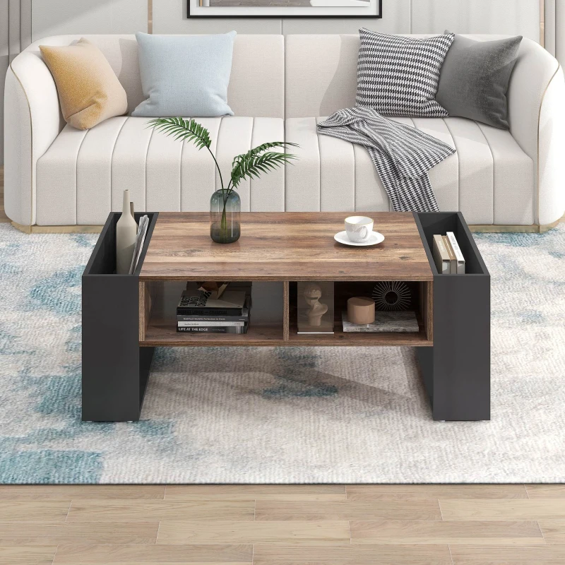 Wood Coffee Table with Handleless Drawer and Double-Sided Storage, Industrial Design Settee Side Table, 106.4x60x40 cm, Black+Gray
