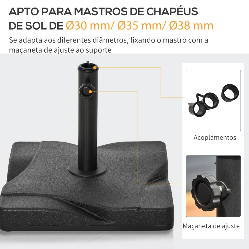 Outsunny Base para Chapéu de Sol Quadrada Suporte para Chapéu de Sol para Mastros com Diámetro de 30mm 35mm e 38mm 41,5x41,5x35cm Preto
