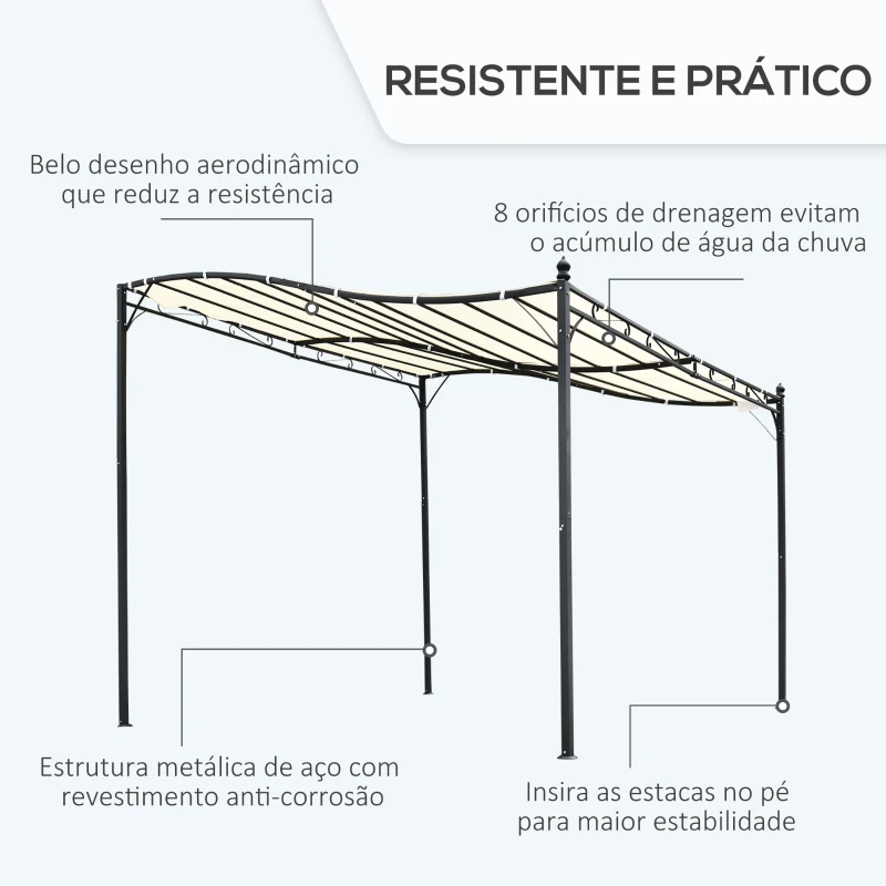 Outsunny Pérgola de Jardim 3x3m Pérgola Montada na Parede com Toldo e 16 Orifícios de Drenagem Metal e Poliéster Creme