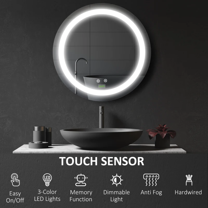 Kleankin Oglindă de Baie Rotundă cu Lumină LED, Oglindă cu Lumină Reglabilă și Funcție Anti-Aburire, Ø50 cm, Argintie