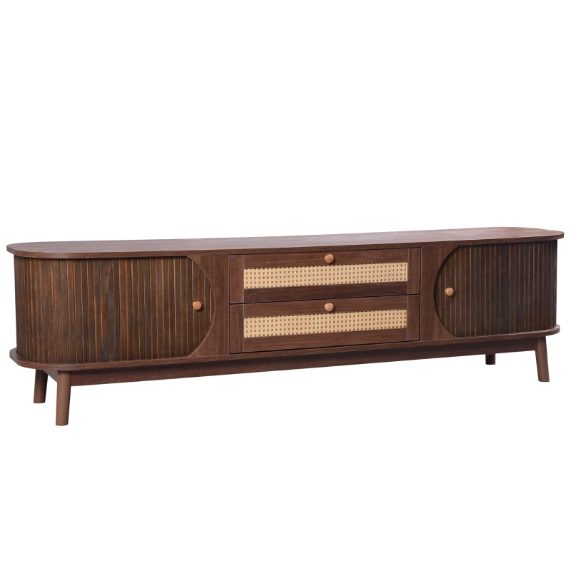 Natural Walnut Modern TV Stand with Rattan Drawers, Solid Wood Doors and Storage Solution, 170x39.5x46 cm, Natural