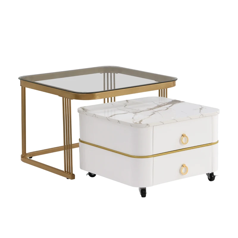 High-Gloss Marble and Glass Nesting Coffee Table with Storage, Handles, Tabletops with Gold Decoration, 60x60x45 cm/50x50x34 cm, White