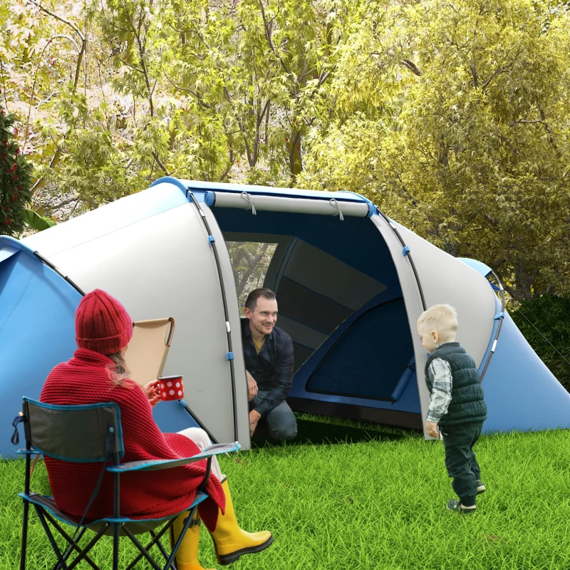 Outsunny kampeertent 4 Personen Familie Met Slaapcabines Ruime Voor Groepen Tunneltent, Blauw