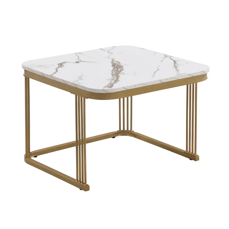 Set of 2 Nesting Coffee Table with High Gloss Top, Gold Accents, and Drawer, Marble Side Table for Living Room, 60x60x45 cm/50x50x34 cm, White