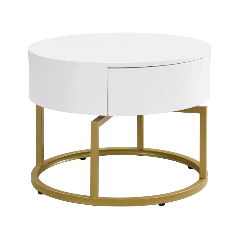 Round Nesting Marble Coffee Table with Storage Drawers, High Gloss Tabletops, Golden Metal Frame, 70x70x45 cm/50x50x38.5 cm, White