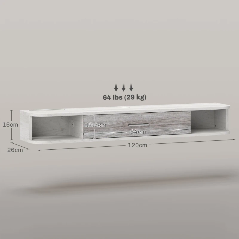 HOMCOM Mobilier TV Suspendat cu 2 Rafturi Deschise și un Dulăpior cu Ușă Rabatabilă, 120x26x16 cm, Gri