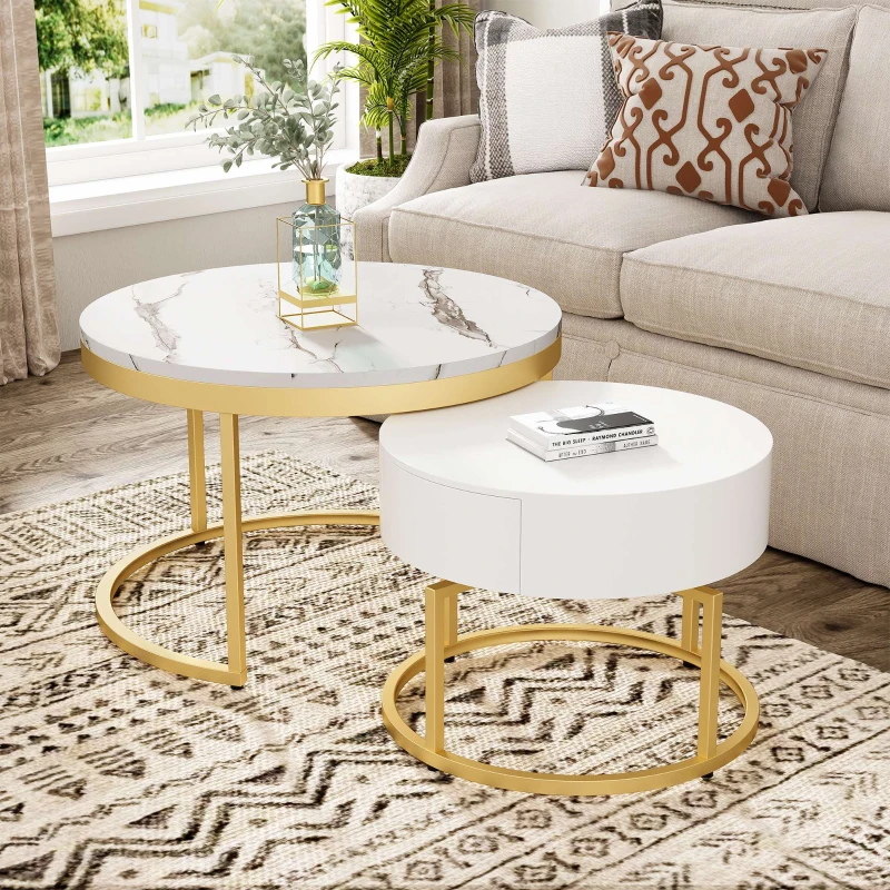 Round Nesting Marble Coffee Table with Storage Drawers, High Gloss Tabletops, Golden Metal Frame, 70x70x45 cm/50x50x38.5 cm, White
