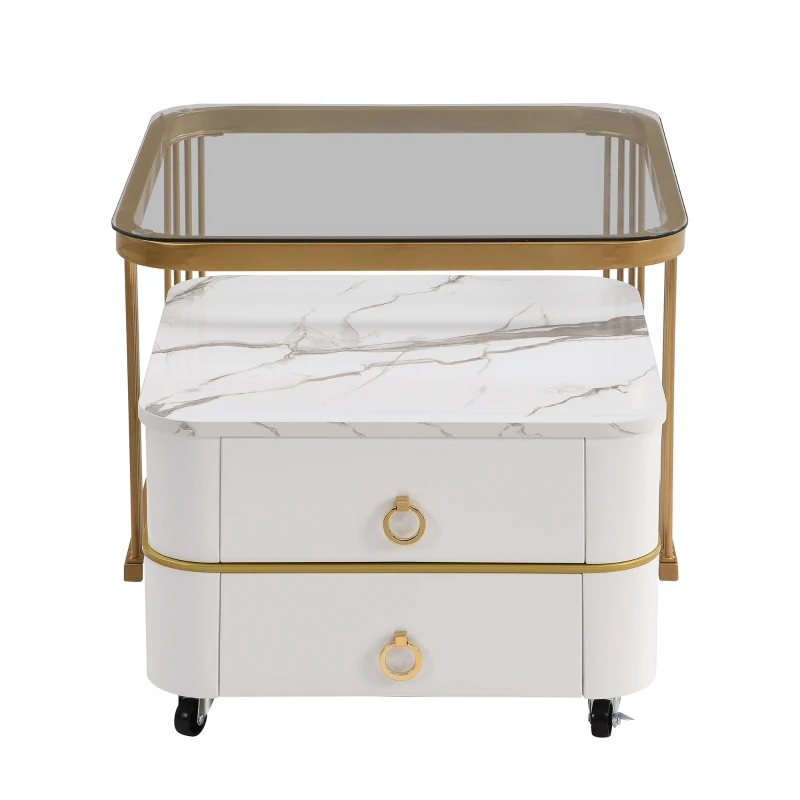 High-Gloss Marble and Glass Nesting Coffee Table with Storage, Handles, Tabletops with Gold Decoration, 60x60x45 cm/50x50x34 cm, White