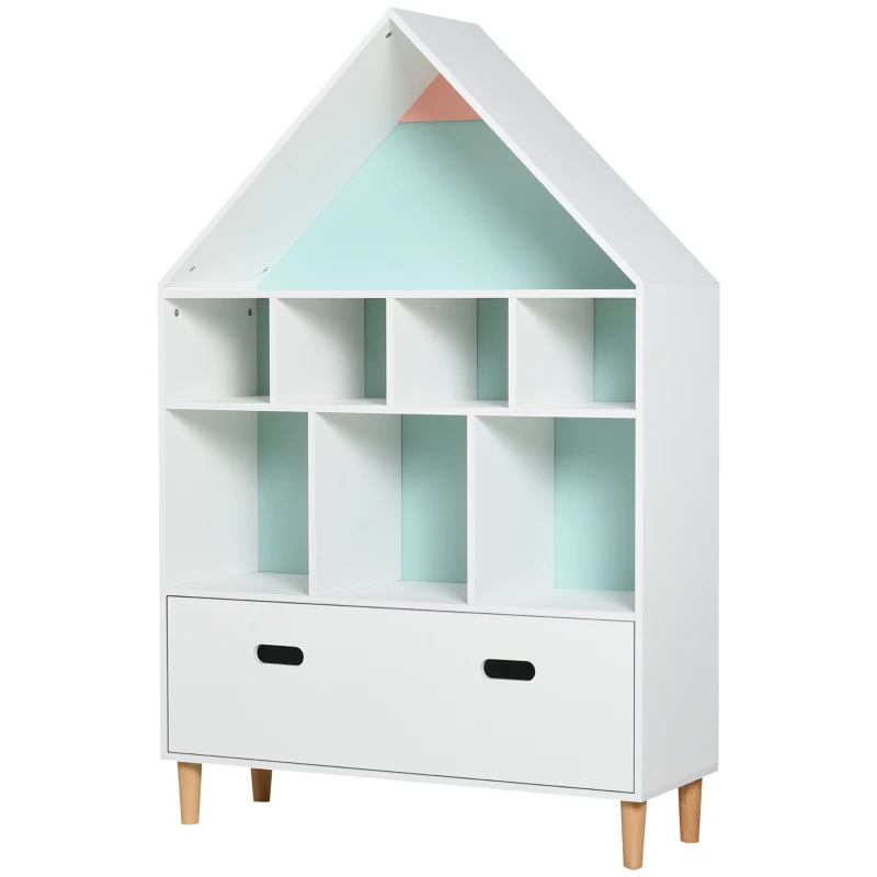 HOMCOM Estante de Madeira Infantil em Forma de Casa Estante para Crianças com 8 Compartimentos Abertos e Gaveta de 2 Cores 82x30x126cm Branco