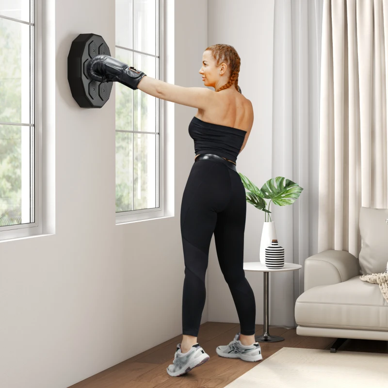 SPORTNOW Trener bokserski z funkcją muzyki, Bluetooth, migające punkty, montaż na ścianie, skóra ekologiczna, Czarny