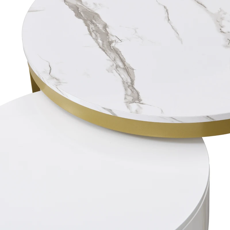 Round Nesting Marble Coffee Table with Storage Drawers, High Gloss Tabletops, Golden Metal Frame, 70x70x45 cm/50x50x38.5 cm, White