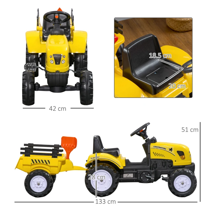 HOMCOM Tractor de Pedalat pentru Copii de 3+ Ani cu Remorcă, Greblă, Lopată și Claxon, 133x42x51 cm, Galben(m-3)