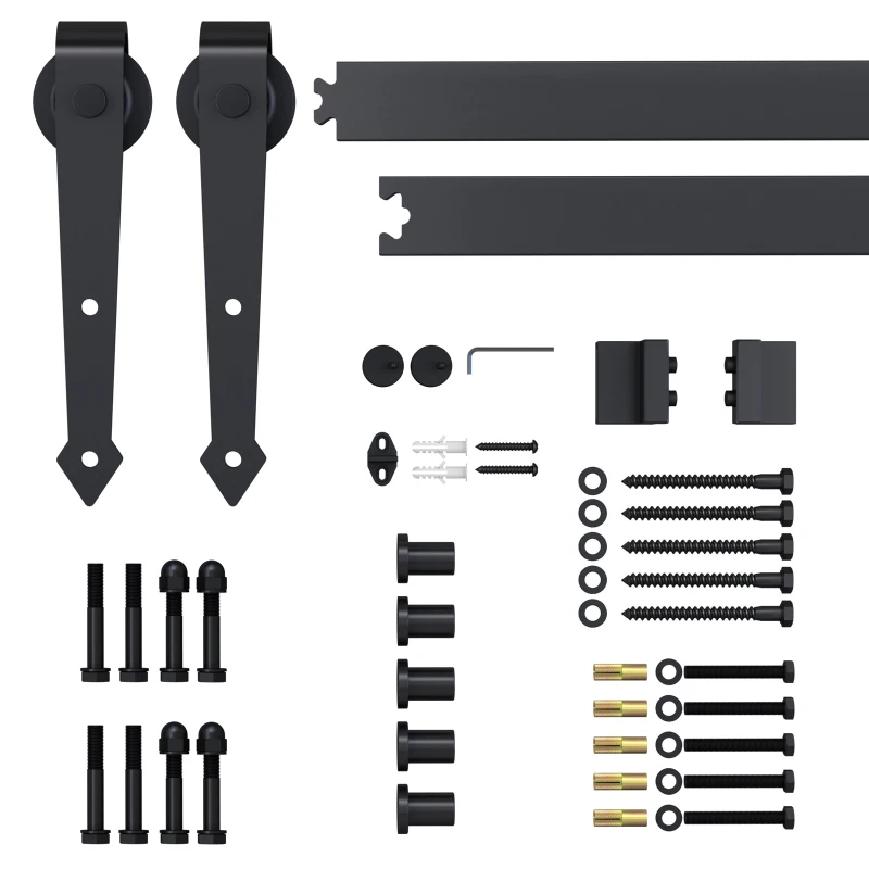 HOMCOM 200cm/6.6T Ferragens para Porta Corredeira Tipo Flecha Kit de Acessórios para Porta Corredeira de Madeira com Guia de Chão Trilho Aço de Carbono Preto