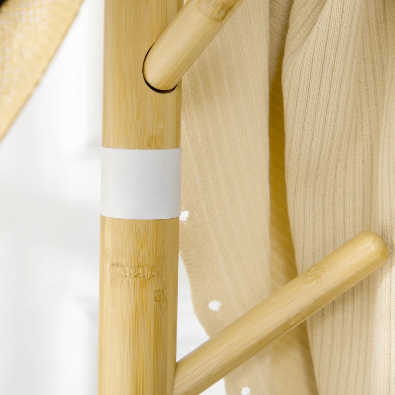 HOMCOM Cuier Vertical cu 8 Cârlige cu Bază Rotundă din Bambus, Lemn și Metal, Ø37,8x175,6 cm, Lemn Natural