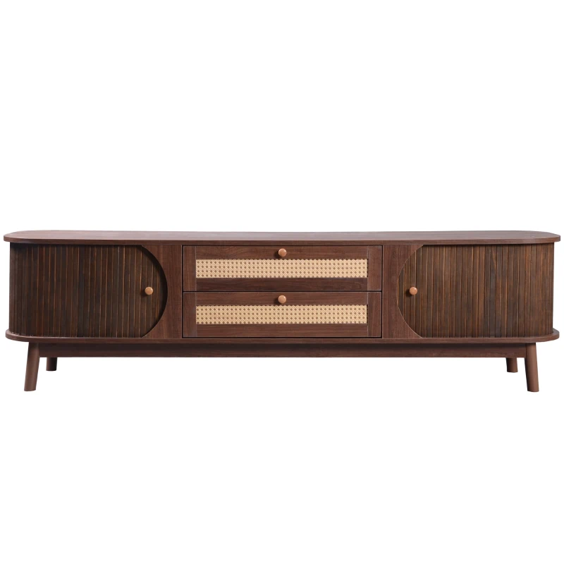 Natural Walnut Modern TV Stand with Rattan Drawers, Solid Wood Doors and Storage Solution, 170x39.5x46 cm, Natural