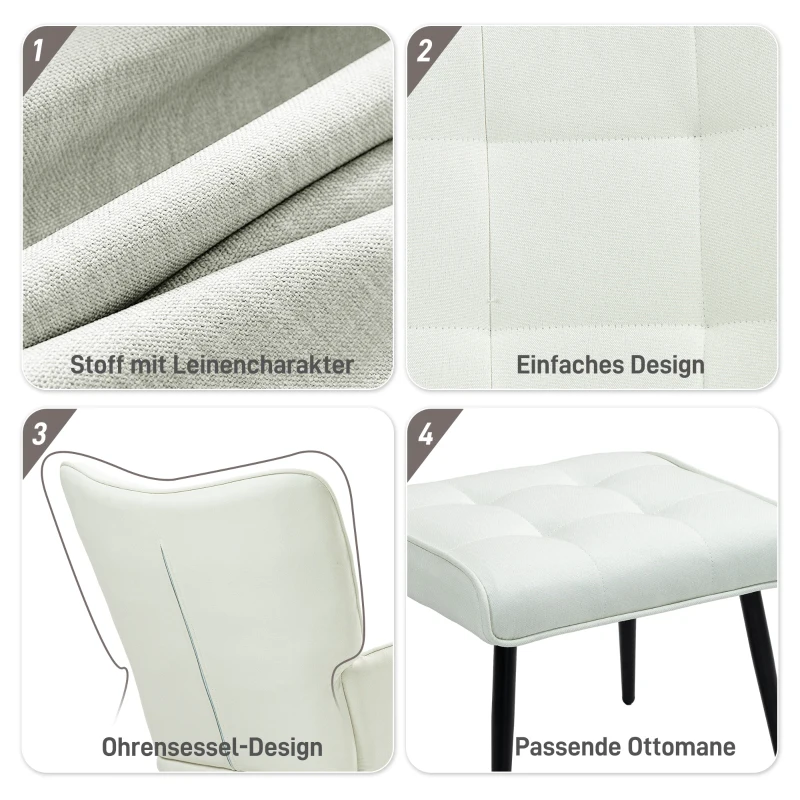 HOMCOM Fotel bujany z podnóżkiem, delikatny system bujania, imitacja lnu, 64 x 89 x 90 cm, kolor kremowy