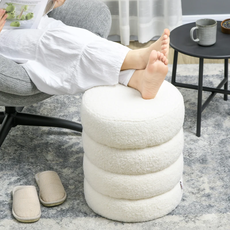 HOMCOM Taboret, Okrągły, Teddy Fleece, Stalowa Rama, do 120kg, Φ40x45H cm, Kremowy