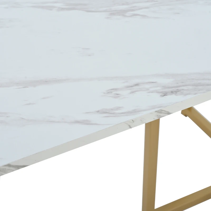 Moderner rechteckiger Esstisch mit MDF-Tischplatte in Marmoroptik in L-Form, 140x80x75 cm, Weiß+Golden