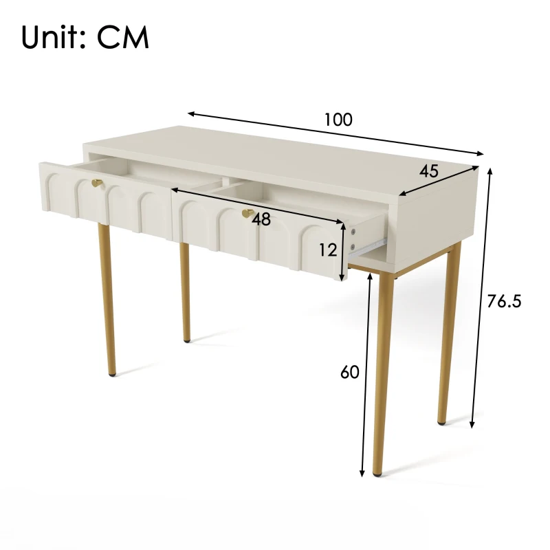 Anrichte, Kosmetiktisch mit 2 Schubladen, Metallrahmen, 100x76,5x45 cm, Cremeweiß