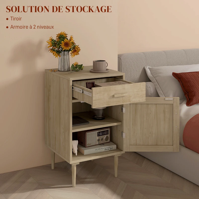 Lot de 2 tables de chevet avec placard et étagère porte rotin tissé 1 tiroir design bohème - 40 x 40 x 68,5 cm naturel
