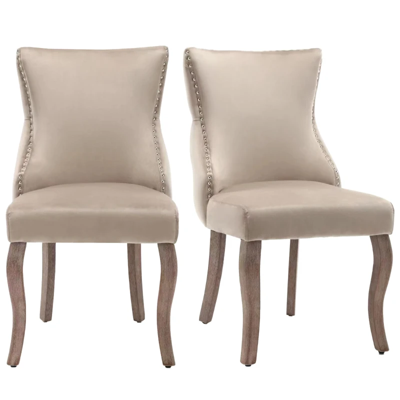 Ensemble de 2 chaises de salle à manger rembourrées en velours avec détails à boutons et clous métalliques, Beige