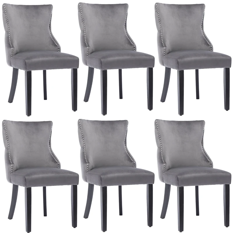 Set aus 6 gepolsterten Esszimmerstühlen mit Knopfheftung und Metallnieten, Samtoptik, Grau