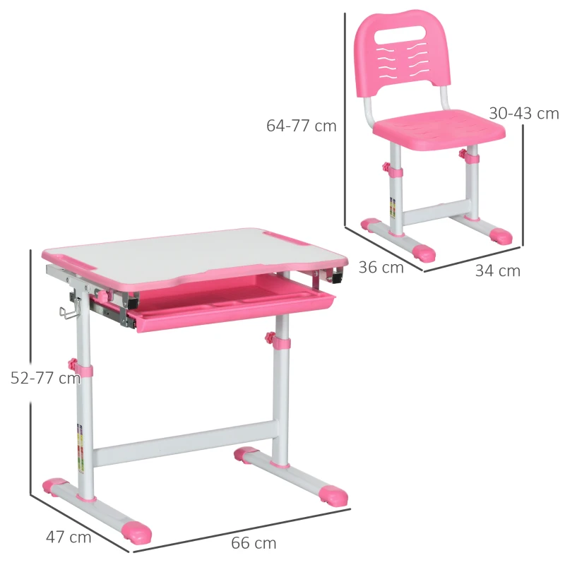 HOMCOM Set Masă și Scaun pentru Copii Reglabilă pe Înălțime, cu Blat Înclinabil 45°, 66x47x52-77 cm, Roz