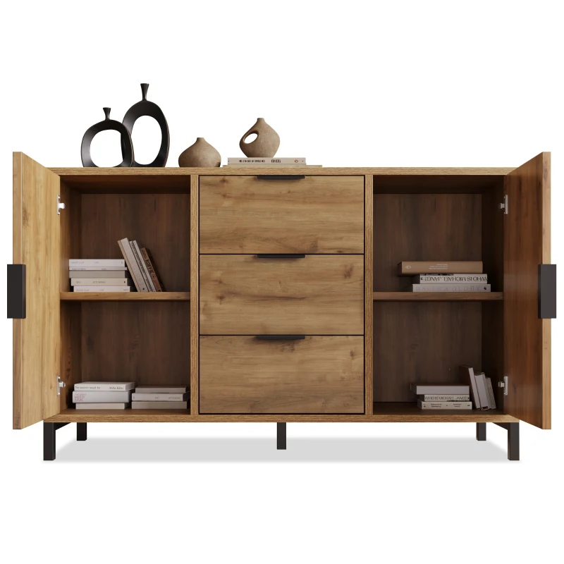 Anrichte mit 2 Türen und 3 Schubladen, Sideboard Highboard für Schlafzimmer & alle Wohnräume, 120x40x76 cm, Eichenoptik