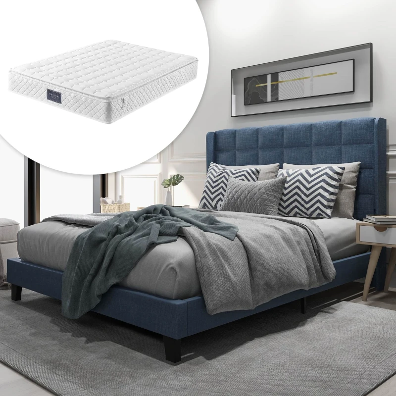 Lit double avec tête de lit rembourrée et sommier à lattes, en lin, 140x200 cm, avec matelas à ressorts, Bleu