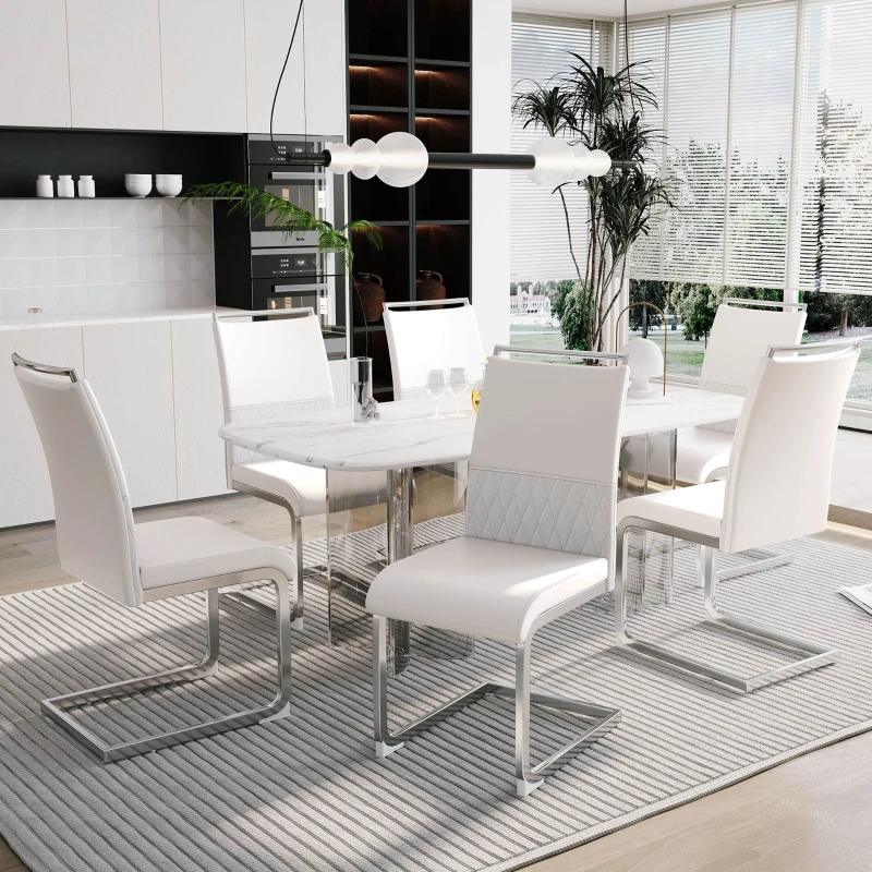 Set aus 6 modernen und ergonomischen Esszimmerstühlen mit hoher Rückenlehne aus Kunstleder und Stoff in Leinenoptik, Weiß