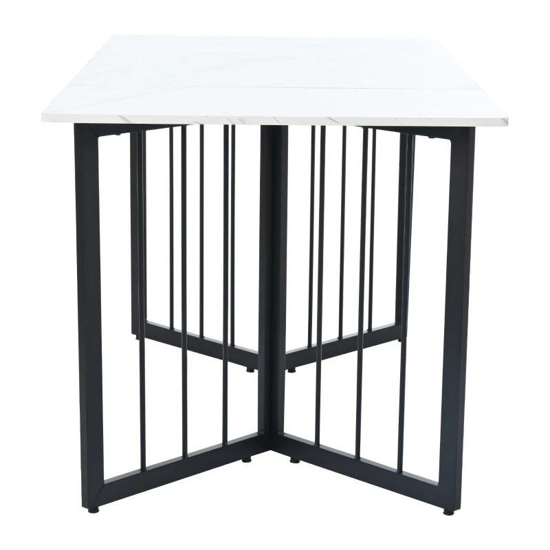 Rectangulaire moderne Table à manger avec plateau en MDF aspect marbre et en forme de V Pieds en métal, Réglables en Hauteur, Blanc+Noir