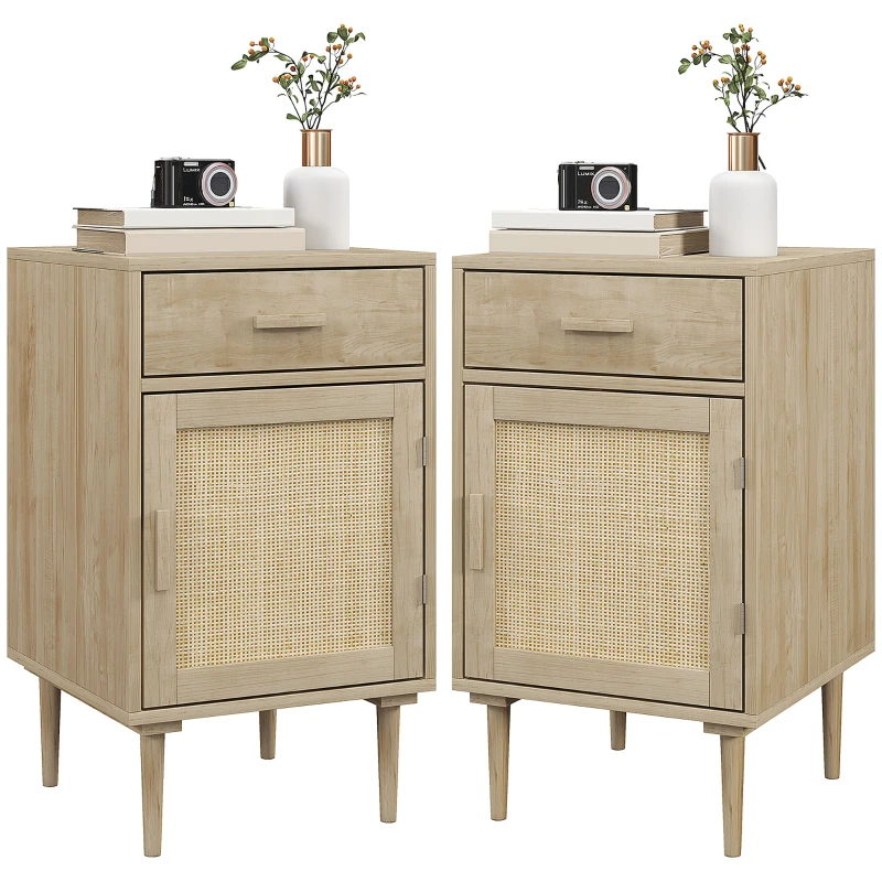Lot de 2 tables de chevet avec placard et étagère porte rotin tissé 1 tiroir design bohème - 40 x 40 x 68,5 cm naturel