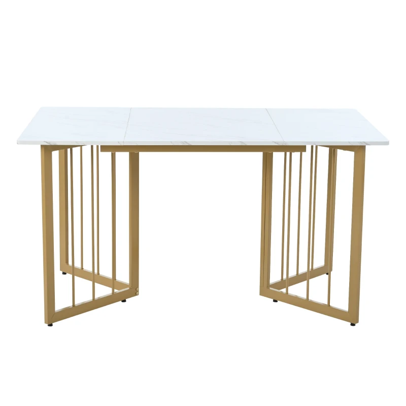 Moderner rechteckiger Esstisch mit MDF-Tischplatte in Marmoroptik und V-förmigen Metallbeinen, verstellbar, 140x80x75 cm, Weiß+Golden