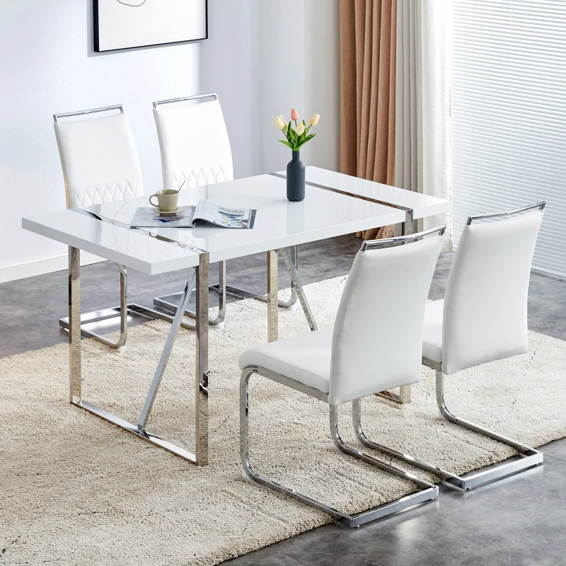 Set aus 4 modernen und ergonomischen Esszimmerstühlen mit hoher Rückenlehne aus Kunstleder und Stoff in Leinenoptik, Weiß